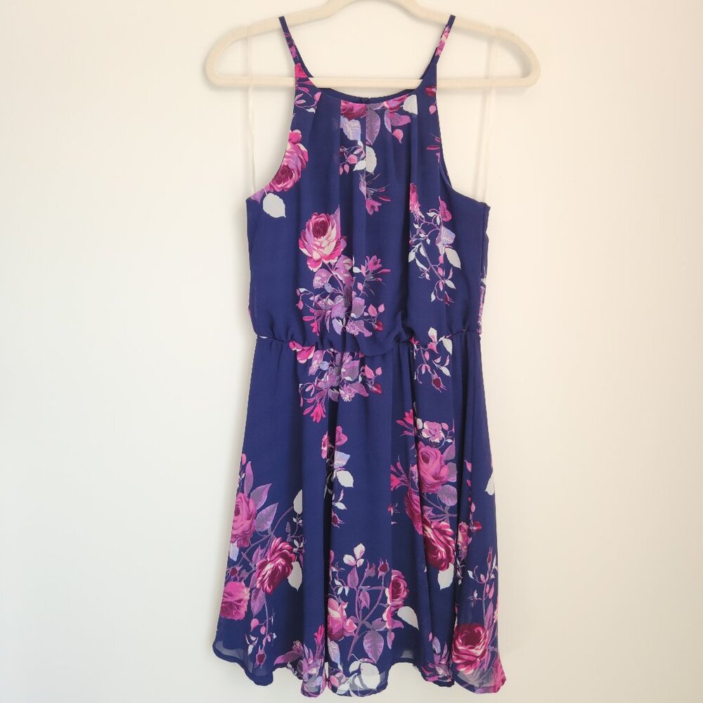 Francesca's Blue Rain Size M Navy Blue Floral Fit & Flare Sleeveless Mini Dress